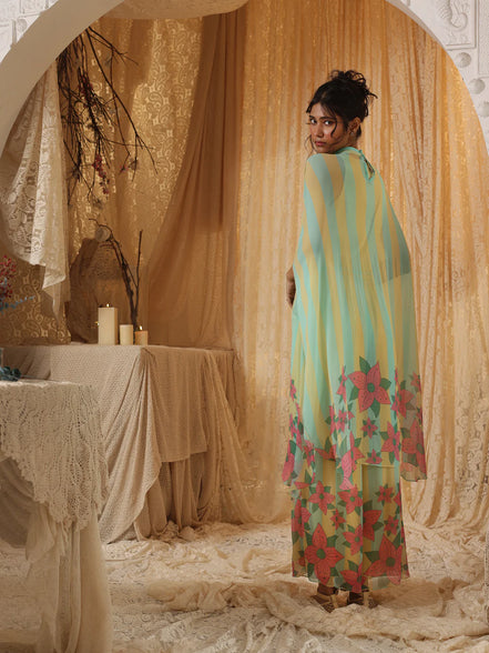 Yellow Blue Stripe Chiffon Batwing Top