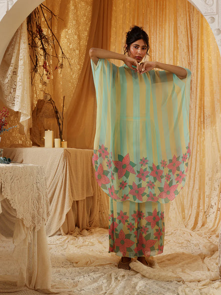 Yellow Blue Stripe Chiffon Batwing Top