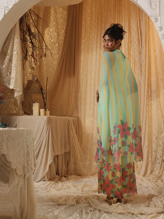 Yellow Blue Stripe Chiffon Pants
