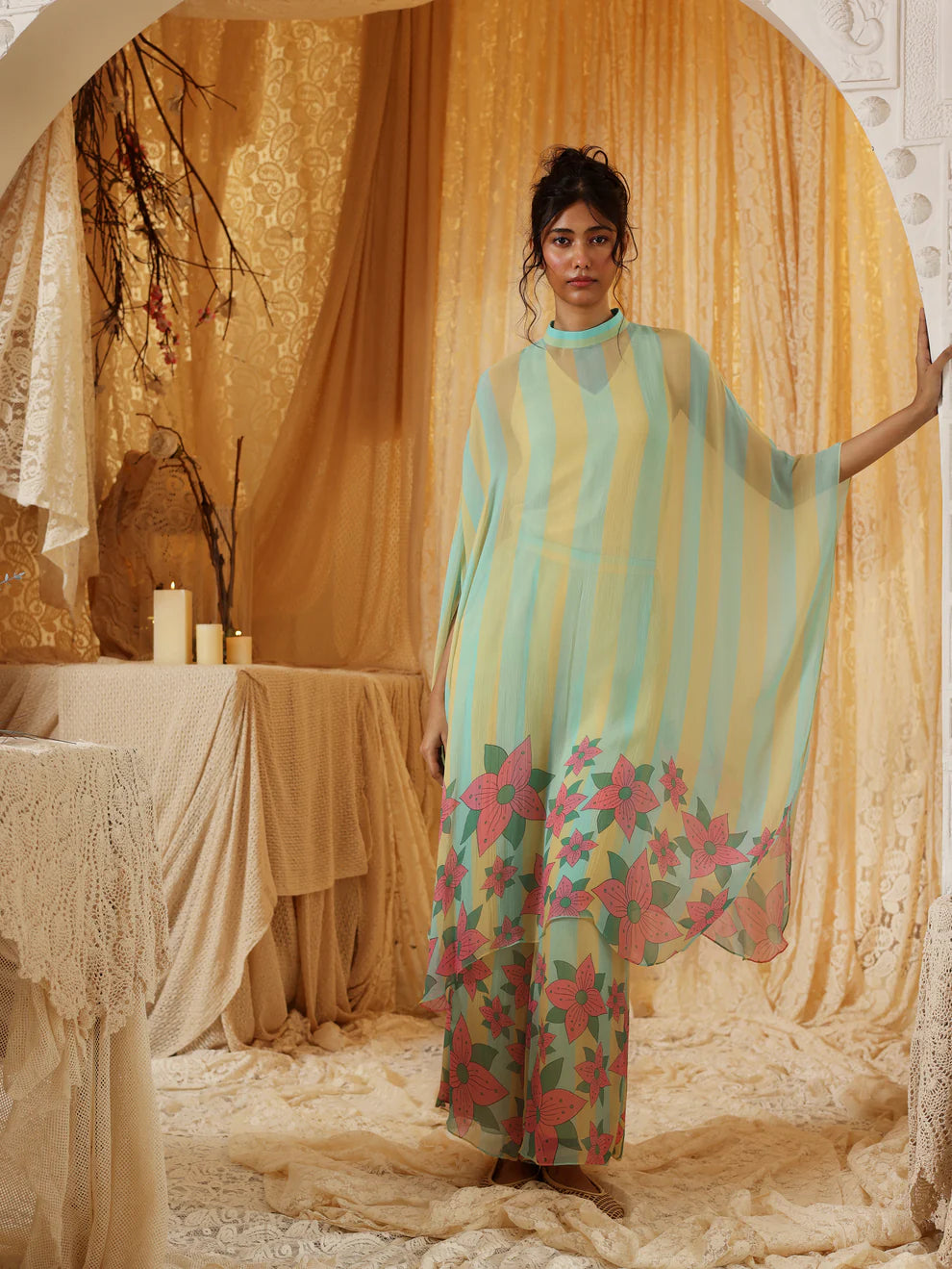 Yellow Blue Stripe Chiffon Pants