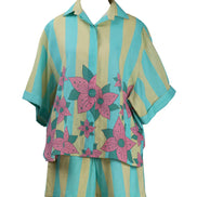 Yellow Blue Stripe Shirt And Shorts Set