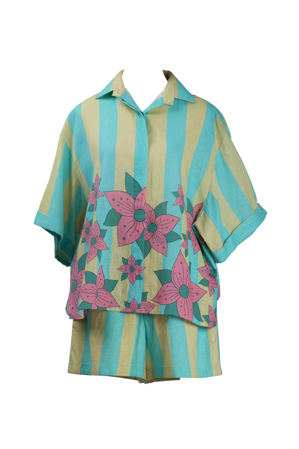 Yellow Blue Stripe Shirt And Shorts Set