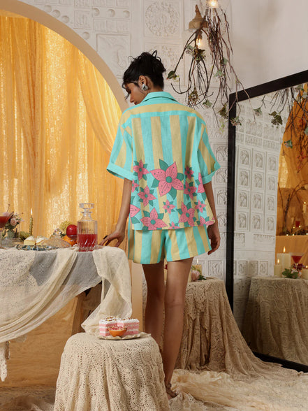 Yellow Blue Stripe Shirt And Shorts Set