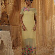 Yellow Cotton Net Applique Dress